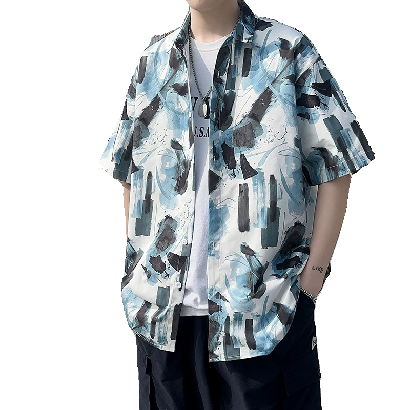 C322高品质夏季男生短袖衬衫印花青年宽松港风P35,男装T恤,电商A056