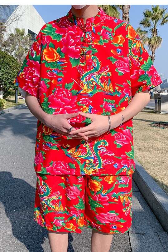 夏季东北大花短袖t恤男潮流印花宽松盘扣半袖上衣T203特P25,男装T恤,电商A056