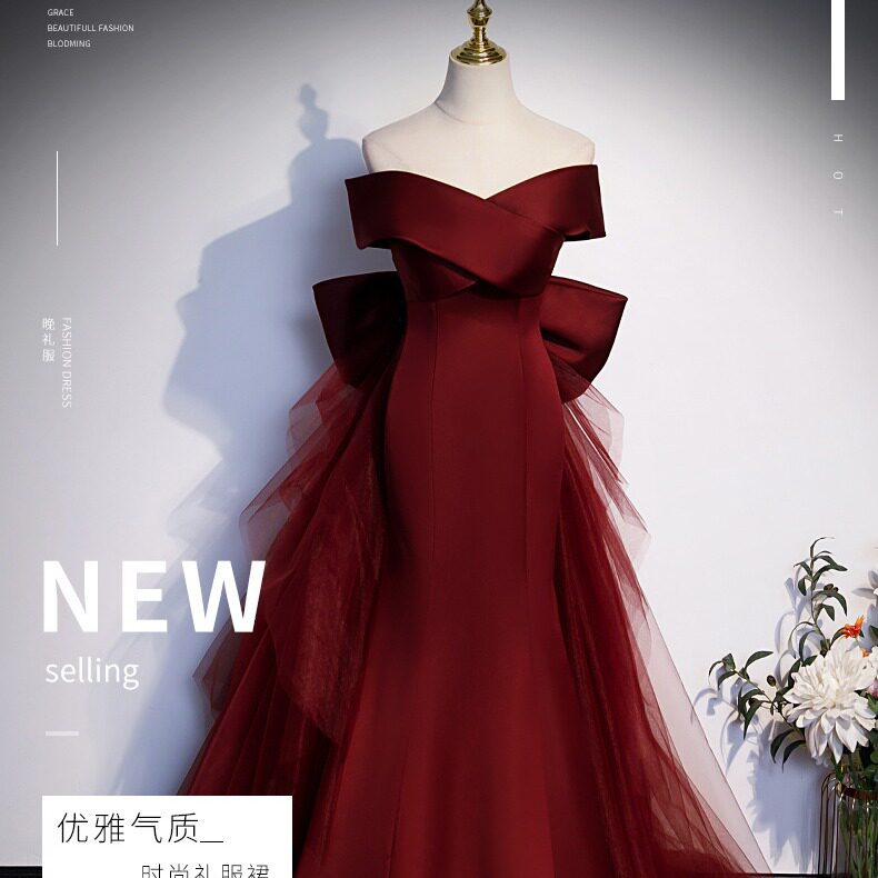 酒红色鱼尾晚礼服女美声独唱声乐艺考敬酒订婚主持人一字肩轻婚纱