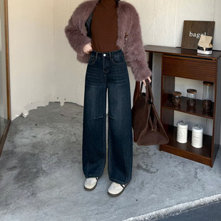 美式弯刀牛仔裤女2026冬季新款垂地显瘦阔腿裤加绒加厚复古镰刀裤