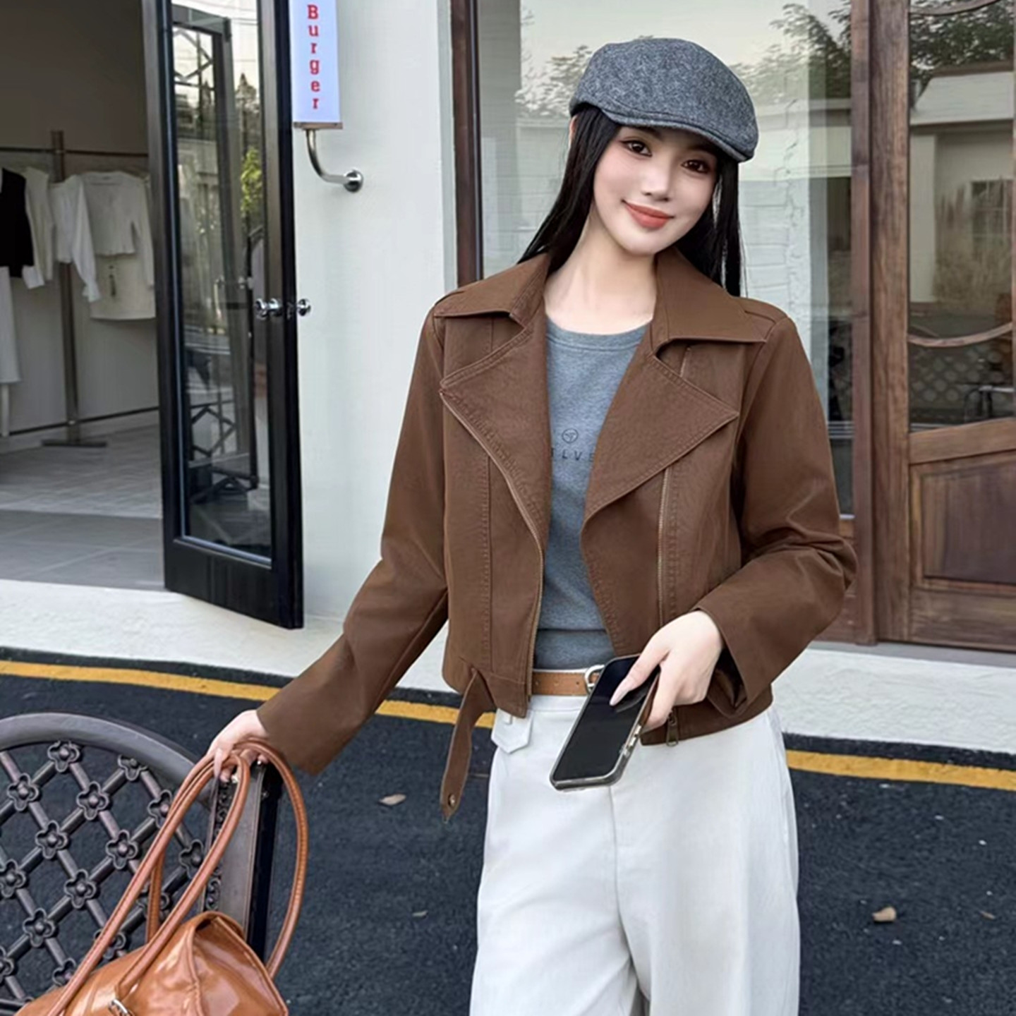 宽松显瘦PU皮机车服时尚短款夹克