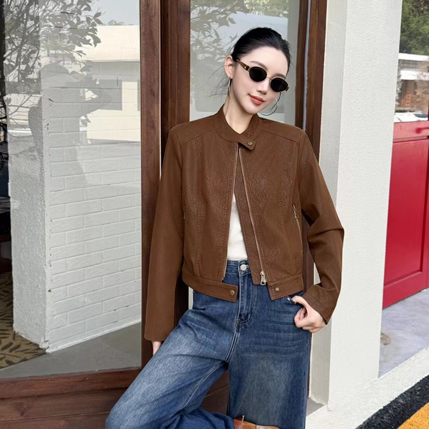 美拉德立领短款小个子皮衣外套女