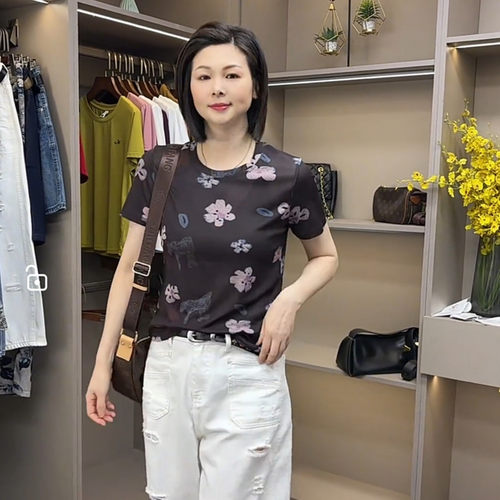 短袖时尚印花薄款网纱女体恤圆领