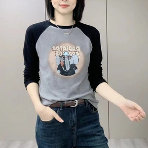 2024秋冬印花大象字母拼色插肩袖T恤女韩版洋气百搭圆领打底衫潮