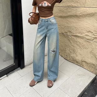 浅色破洞阔腿牛仔裤女弯刀宽松显瘦裤子今年流行的爆款夏薄款新款
