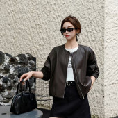 拉链PU皮皮夹克上衣 宽松短款 时尚 感纯色圆领皮衣外套女秋2026新款