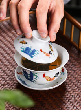 鸡缸套装精品主人杯大号薄胎单杯品茗大明成化功夫茶杯斗彩复仿古