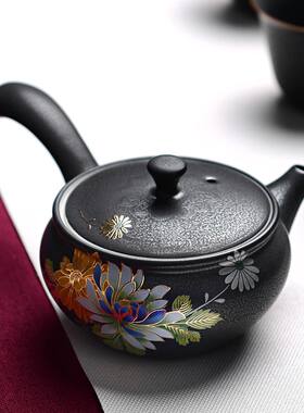 陶瓷铁锈釉茶壶中式立体手工扒花过滤功夫茶具木柄侧把壶单壶复古