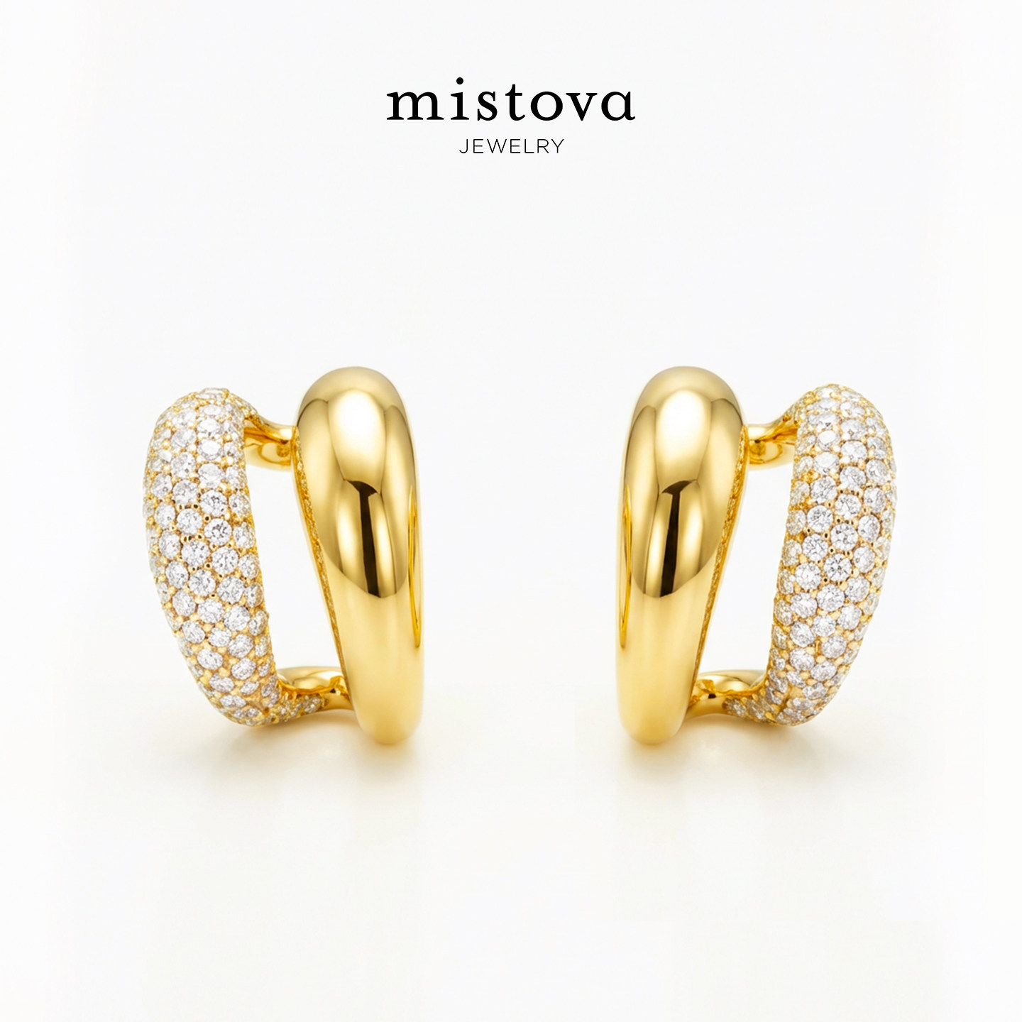 Mistova设计师品牌S925银叠戴镶石耳环经典职场通勤牛角耳饰
