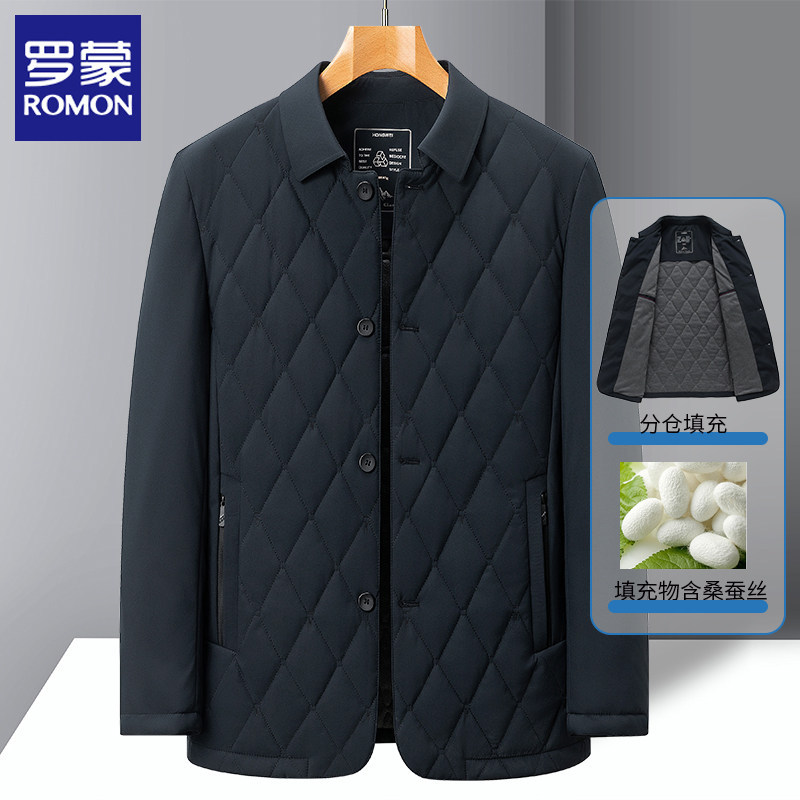 罗蒙桑蚕丝棉服男款2025年新款冬季二棉外套菱形格商务棉衣轻薄款