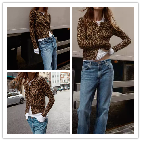 西班牙单 现货 2025秋季新品欧美豹纹开衫动物纹印花长袖针织衫