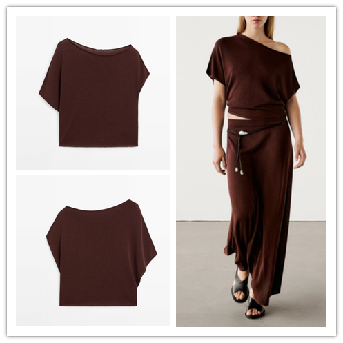 西班牙单 现货 2024女装时尚极简风深红色短版露肩针织衫套装上衣