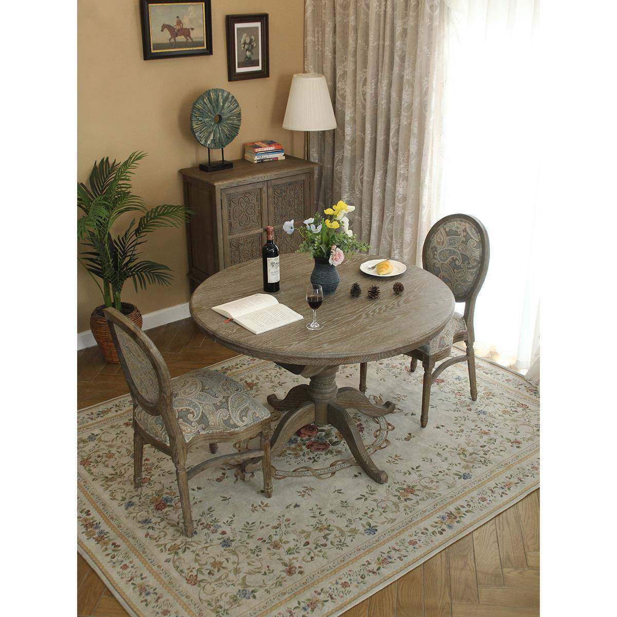 美式乡村全实木圆形餐桌家用可伸缩大桌子覆古橡木餐桌椅组合一套