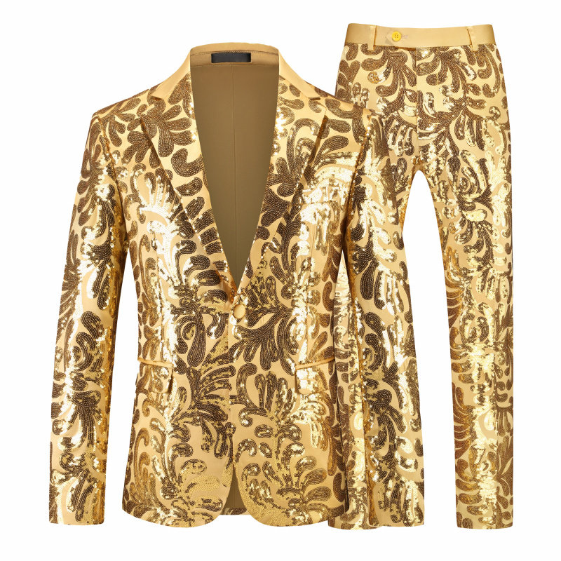 金色亮面商务休闲正装西装套装男大码蓝色西服外套裤子舞台演出服