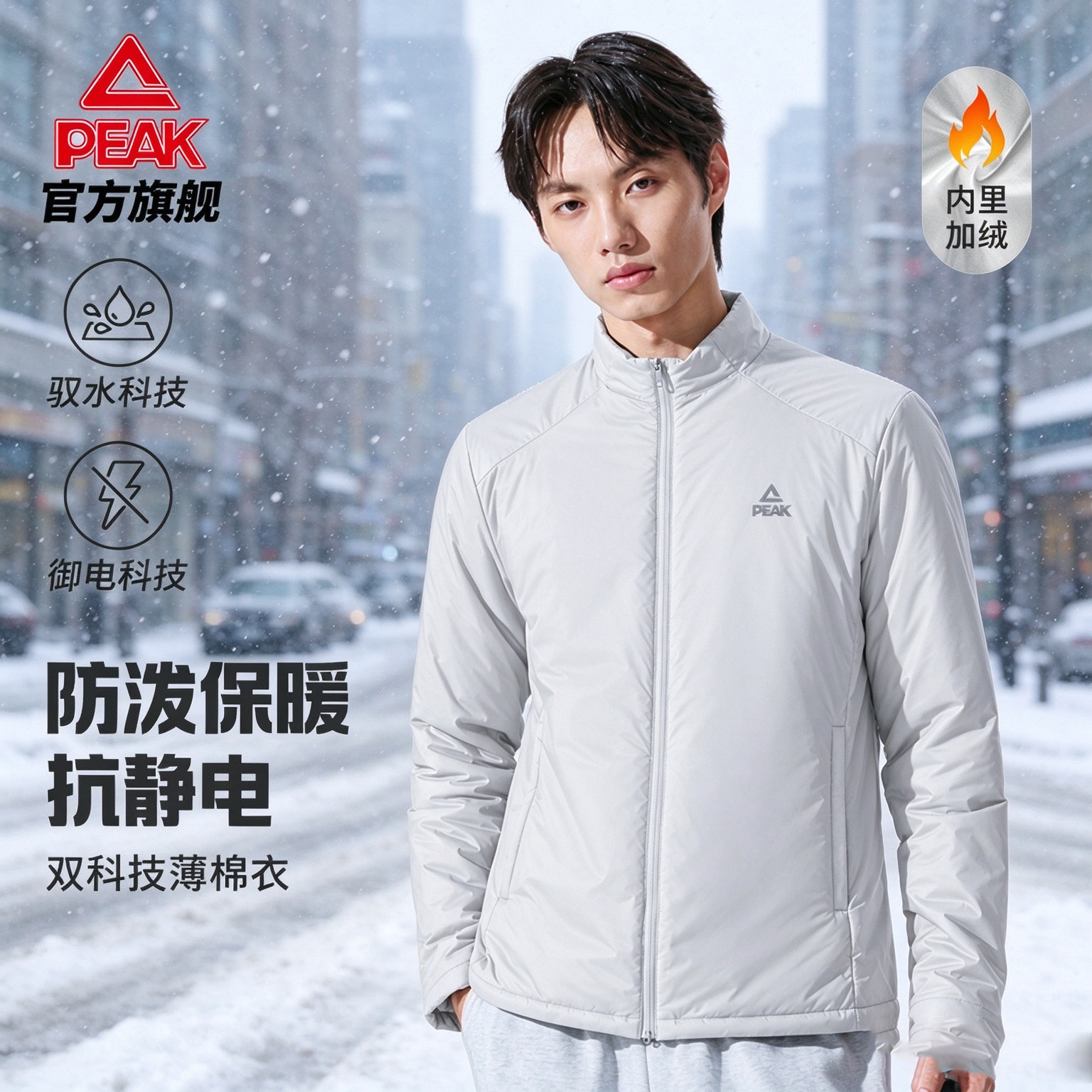 匹克抗静电加绒保暖棉服男装白色