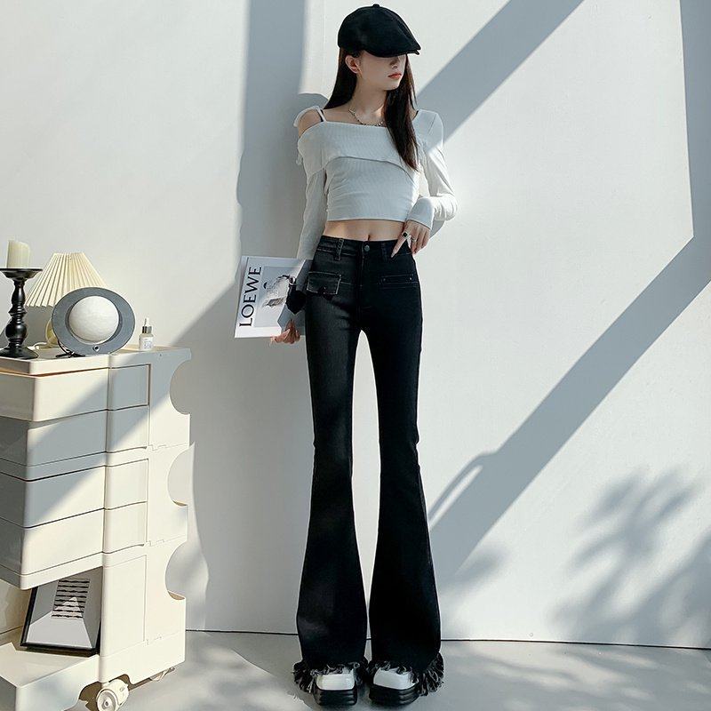 VENNACO/维纳珂黑色毛边微喇牛仔裤女高腰修身显瘦流苏拖地喇叭裤