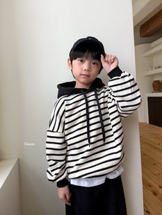 beni韩国童装2025冬新款dsaint儿童带帽条纹T恤男女童长袖t保暖