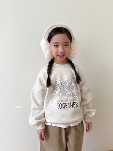 beni韩国童装2025冬新款dsaint儿童圆领T恤男女童长袖t米白色卡通