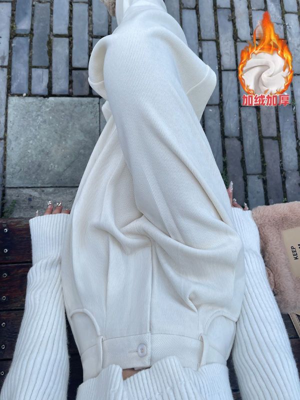 加绒加厚米白色灯芯绒裤子女秋冬款2025款小个子窄版雪尼尔阔腿裤
