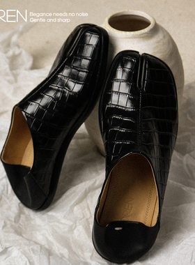 老钱风平底分趾鞋tabi鳄鱼纹牛皮小众设计猪蹄鞋乐福鞋一脚蹬