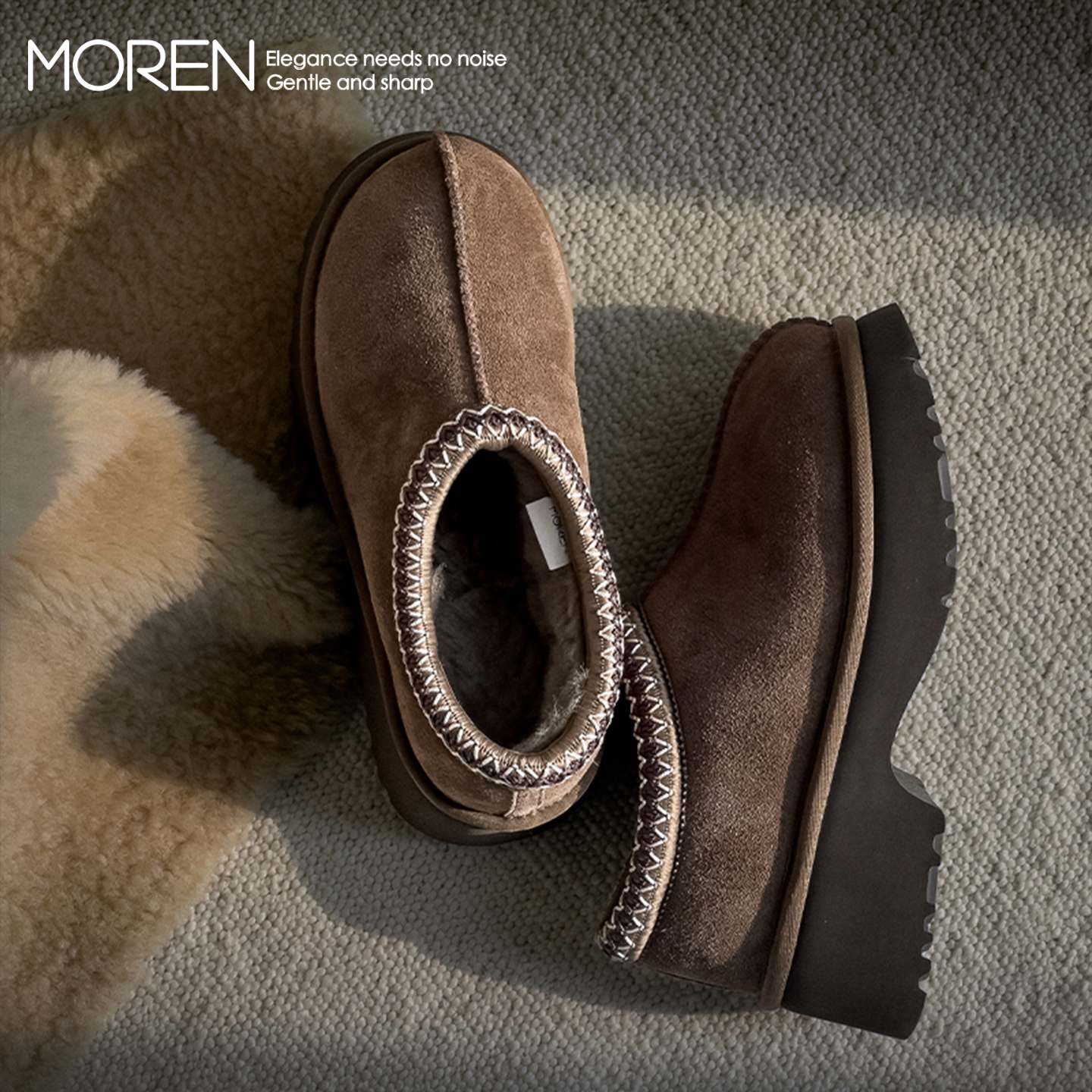 人鱼底胡桃木色懒人保暖雪地靴