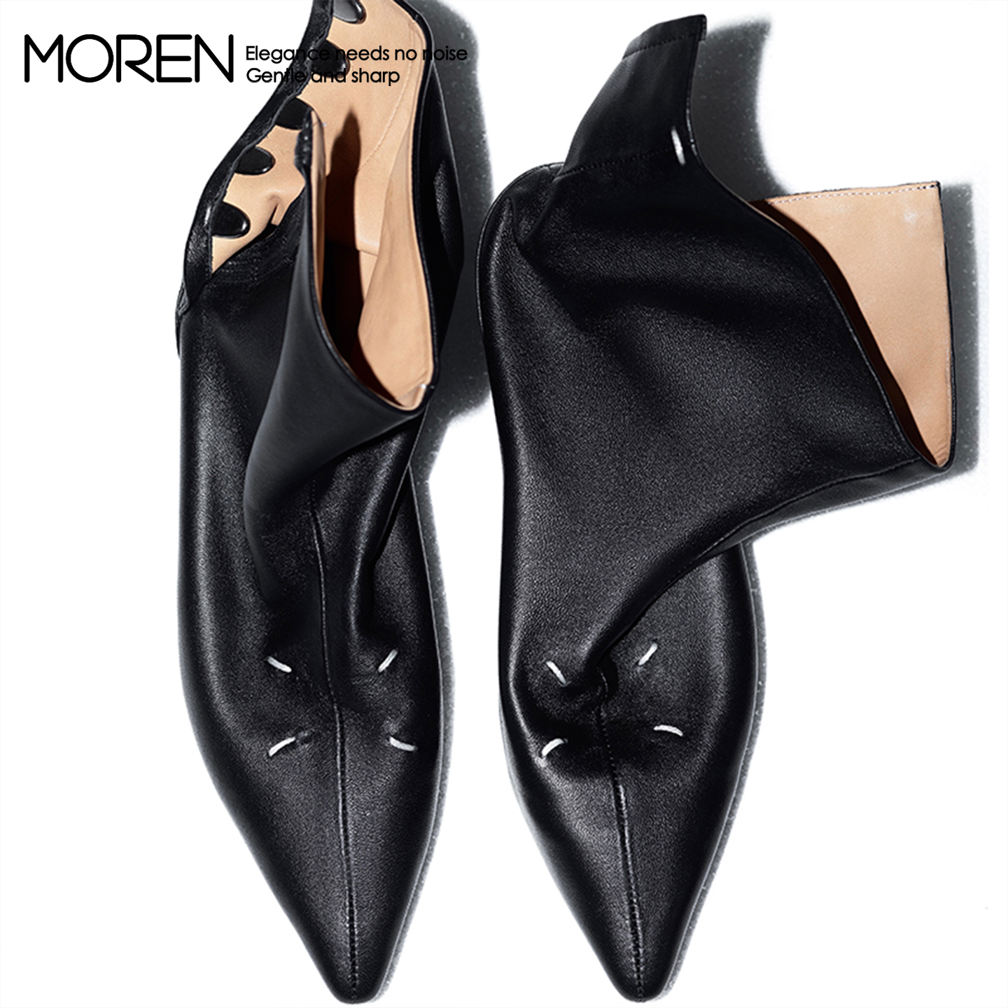 经典尖头四角缝线慵懒高極短靴