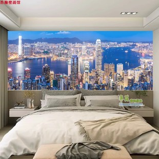 3d立体建筑风景大型壁画民宿酒店宾馆床头背景墙壁布城市夜色墙纸