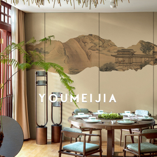 新中式 墙纸远山阁楼背景墙壁布影视墙无纺布定制卧室餐厅意境壁纸