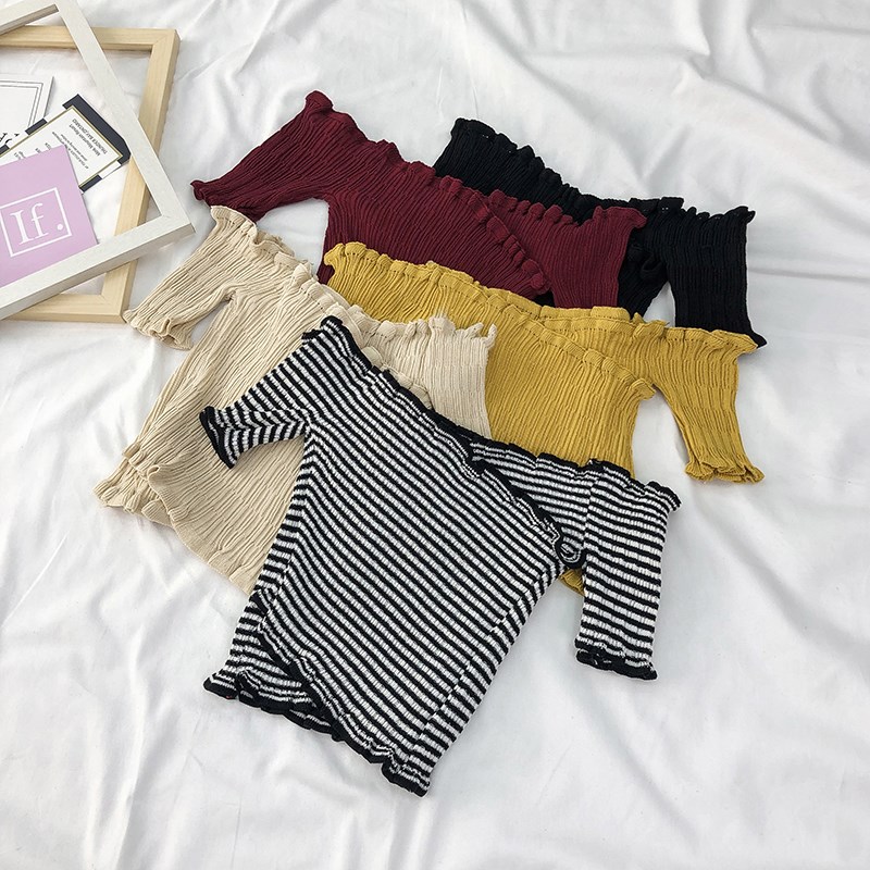 夏季韩版木耳边一字领露肩交叉弹力条纹短袖短款修身针织上衣女装在类目 女装/女士精品, 毛针织衫中 - 来自Buy2taobao.com提供专业的淘宝代购服务