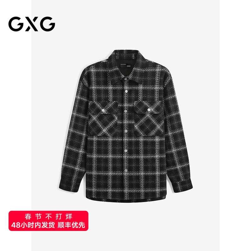 GXG男装 黑格小香风宽松长袖衬衫外套男生24年秋季品G24X033043