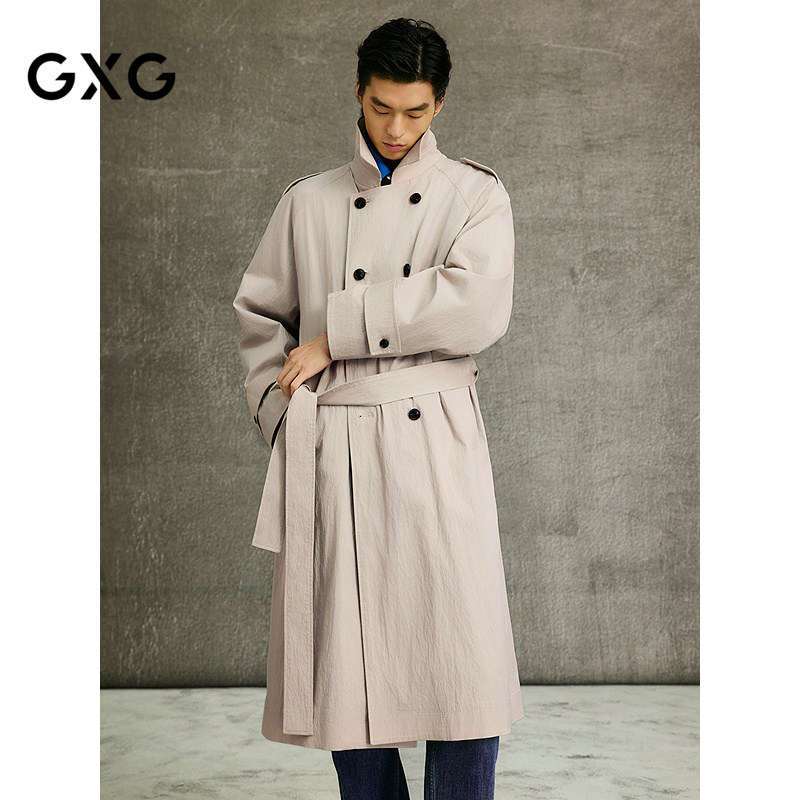 GXG男装 浅卡其插肩袖双排扣长款时尚风衣25年春新品G25X081003