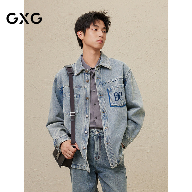 GXG男装 秋冬热卖微廓休闲复古做旧潮搭刺绣牛仔夹克衬衫外套男图片