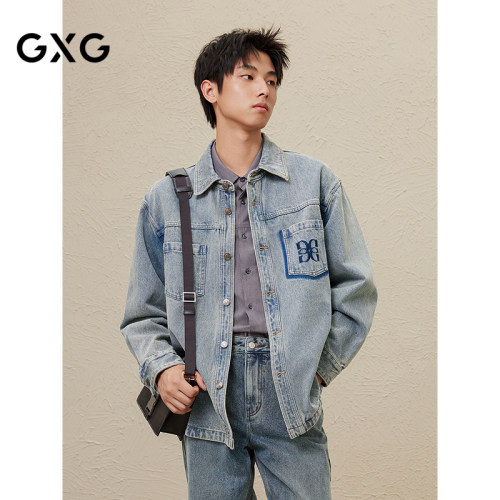 GXG男装 秋冬热卖微廓休闲复古做旧潮搭刺绣牛仔夹克衬衫外套男