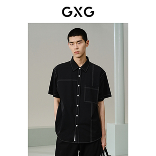 GXG男装 夏季明线装饰设计时尚休闲宽松黑色翻领短袖衬衫