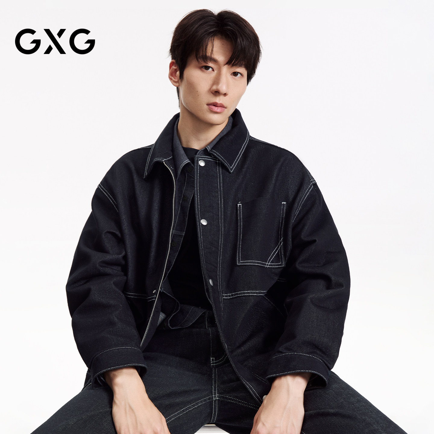 GXG男装 中廓经典明线宽松廓形牛仔夹克时尚外套 2026秋季新品