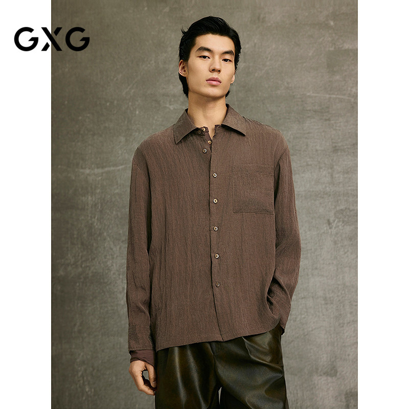GXG男装 军绿色舒适垂感翻领长袖衬衫 25年春季新品G25X031012
