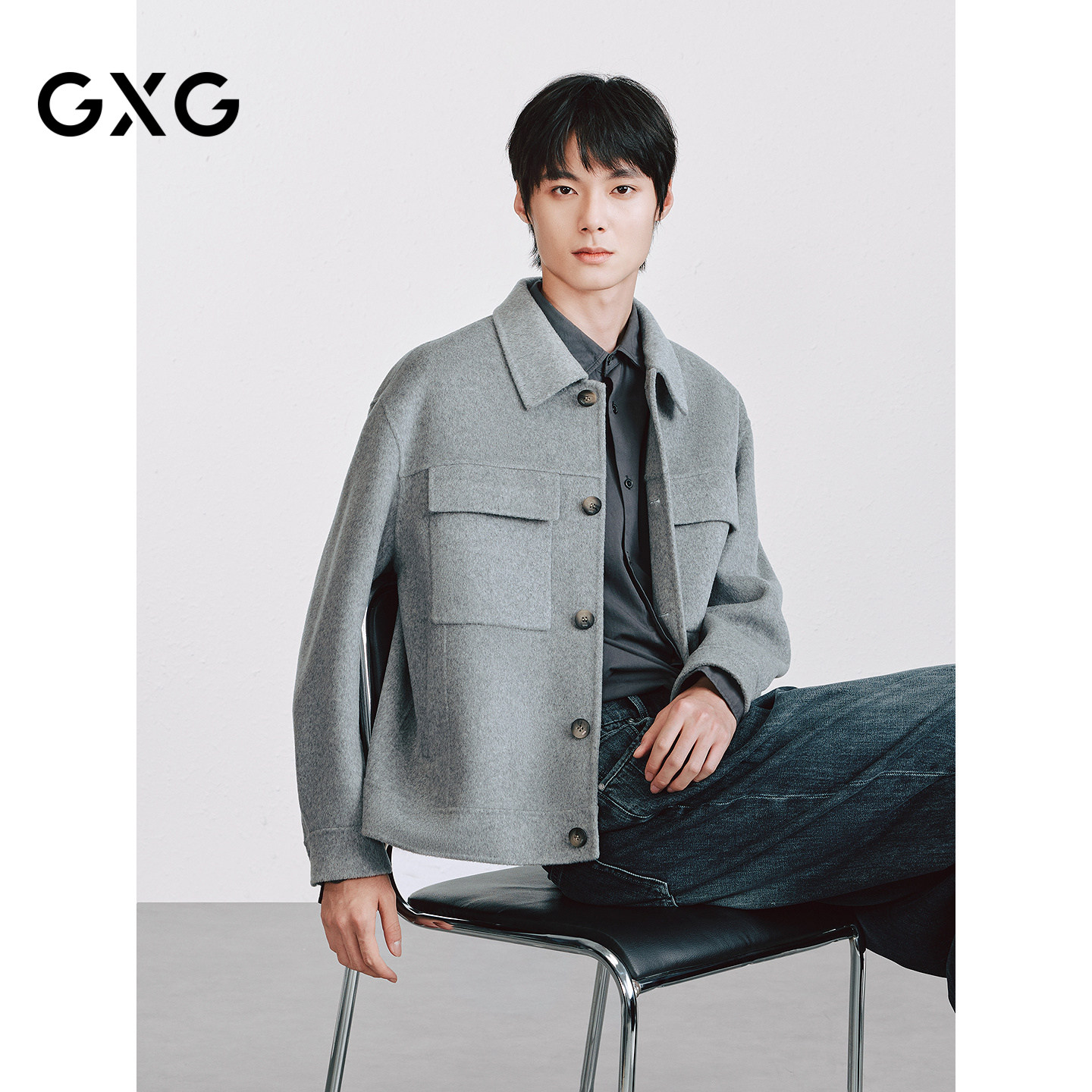 GXG 浅灰色全羊毛夹克式双面呢短款大衣  2025冬季新品