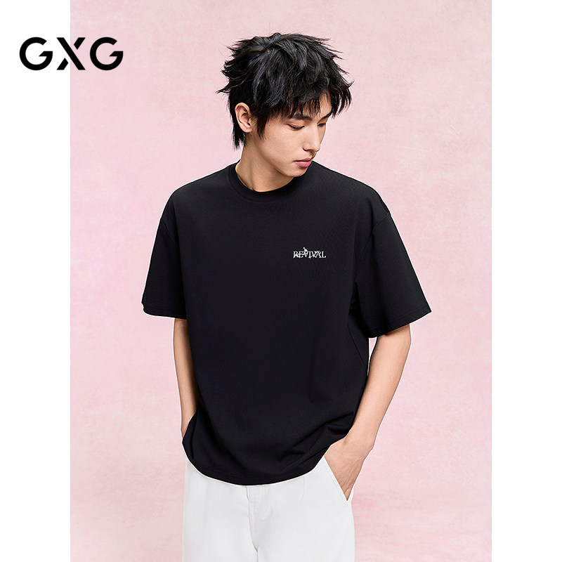 GXG男装 夏季背后大图案印花黑色简约时尚圆领短袖T恤男