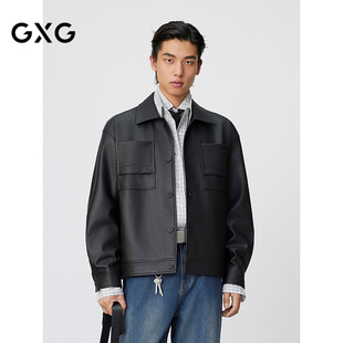 GXG男装 复古PU皮口袋压花简约时尚潮流翻领夹克外套 25年春新品