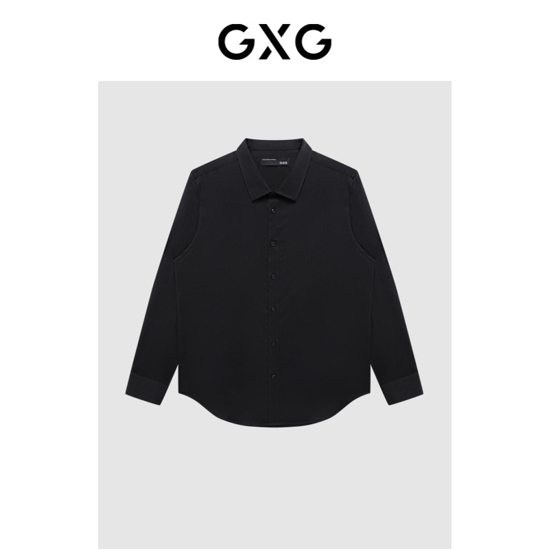 GXG男装 黑色缎面简约百搭长袖衬衫春季品