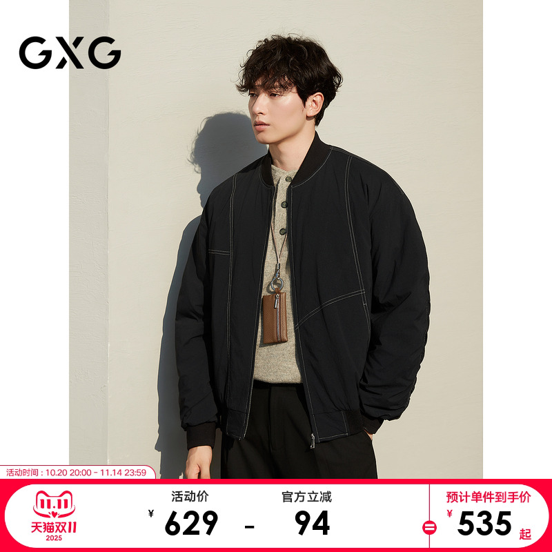 GXG男装 经典黑色不规则明线棒球领夹克棉服外套 25年冬季新品