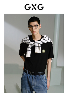 GXG男装 黑色前胸绣花短袖T恤2024年夏季品G24X442053