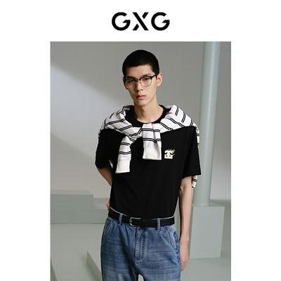 GXG男装 黑色前胸绣花短袖T恤2024年夏季品G24X442053