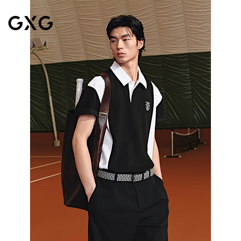 GXG男装 经典黑白宽松廓形polo衫男士休闲上衣短袖T恤 25夏新品
