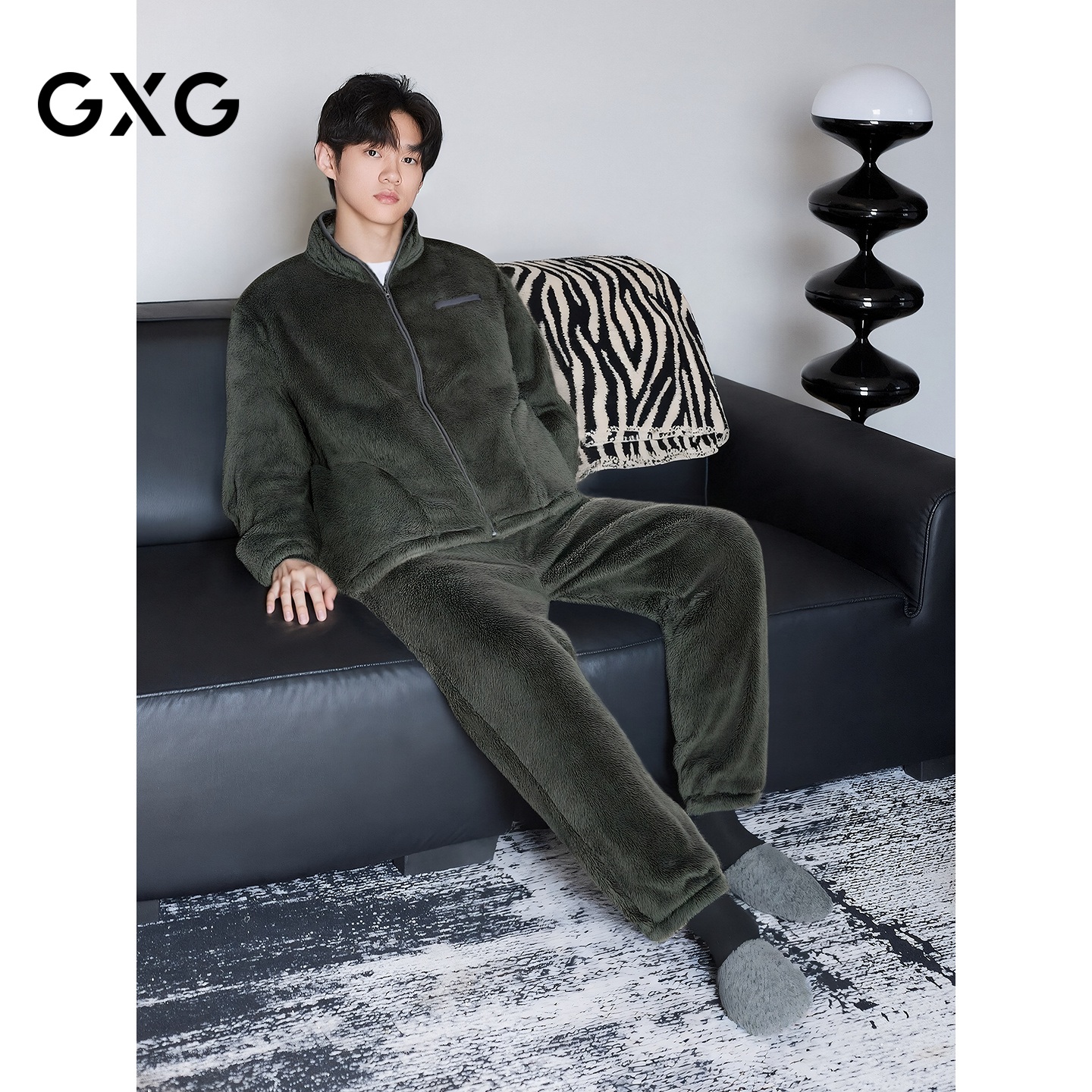 GXG男士家居服 立领拉链绒感长袖外套保暖舒适睡衣套装冬季款