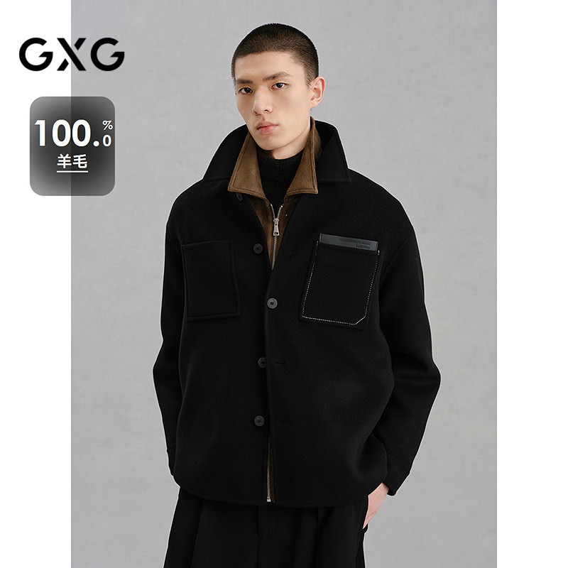 GXG男装 黑色全羊毛通勤短大衣外套24冬季品G24X064024