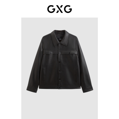 GXG男装 简约翻领真皮夹克男士休闲宽松夹克外套皮衣 春秋热卖