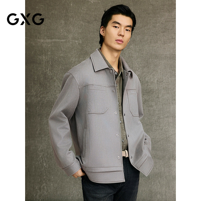 GXG男装 灰绿色仿麂皮衬衫式假两件翻领夹克25年春新品G25X211023