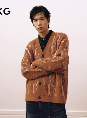 GXG男装 商场同款黄咖色满印开衫通勤男针织衫 25年春G25X301005