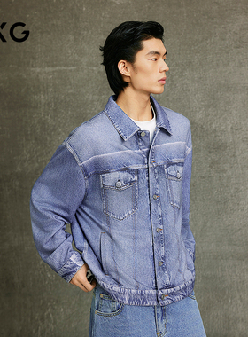 GXG男装 蓝色仿牛仔印花简约时尚翻领夹克25年春新品G25X211030
